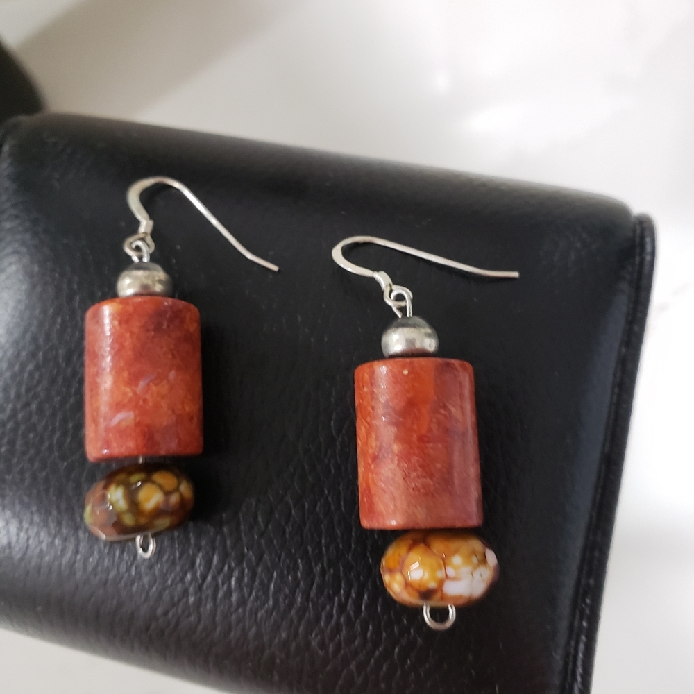 Women's authentic coral stone and earth tone, silver fish hook earrings, new.
